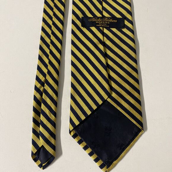 Brooks Brothers Maker Tie Striped Navy Yellow Silk 58" 3.75" - Picture 5 of 6